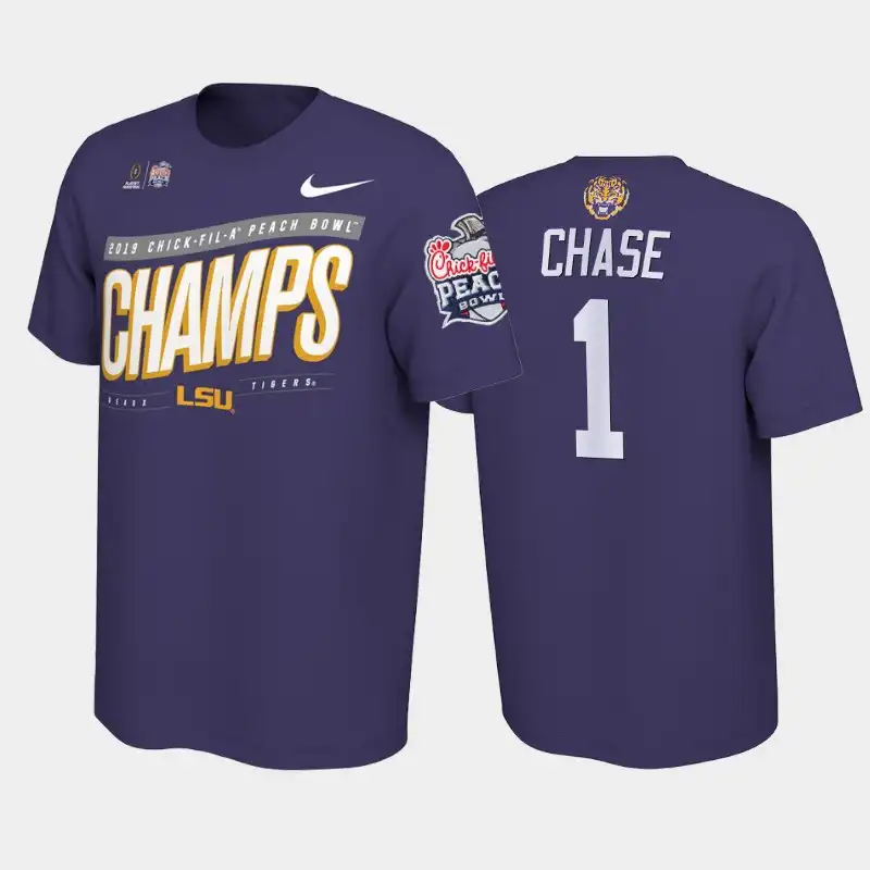 Men's LSU Tigers Ja'Marr Chase #1 Playoff 2019 Purple Peach Bowl Champions NCAA Football T-Shirt